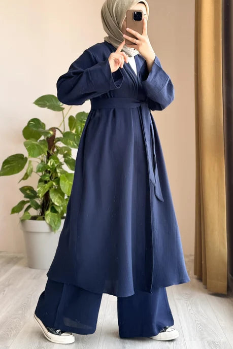 Navy Blue Modest Kimono Set with Belt