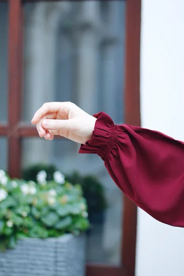 Burgundy Modest Dress with Ruched Cuffs