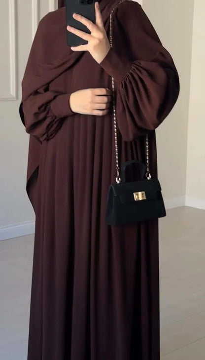 Elegant Chocolate Brown Abaya with Ruched Sleeves