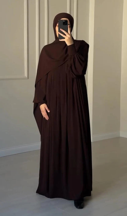 Elegant Chocolate Brown Abaya with Ruched Sleeves