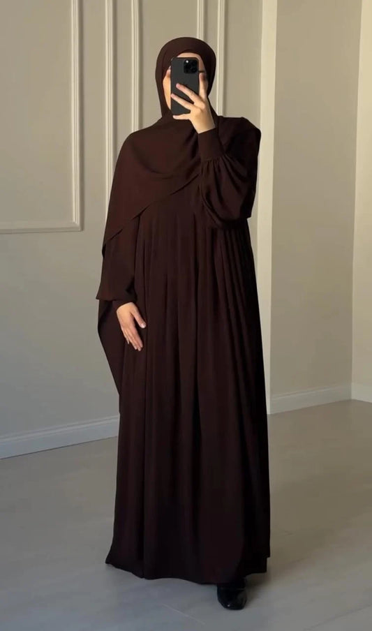 Elegant Chocolate Brown Abaya with Ruched Sleeves