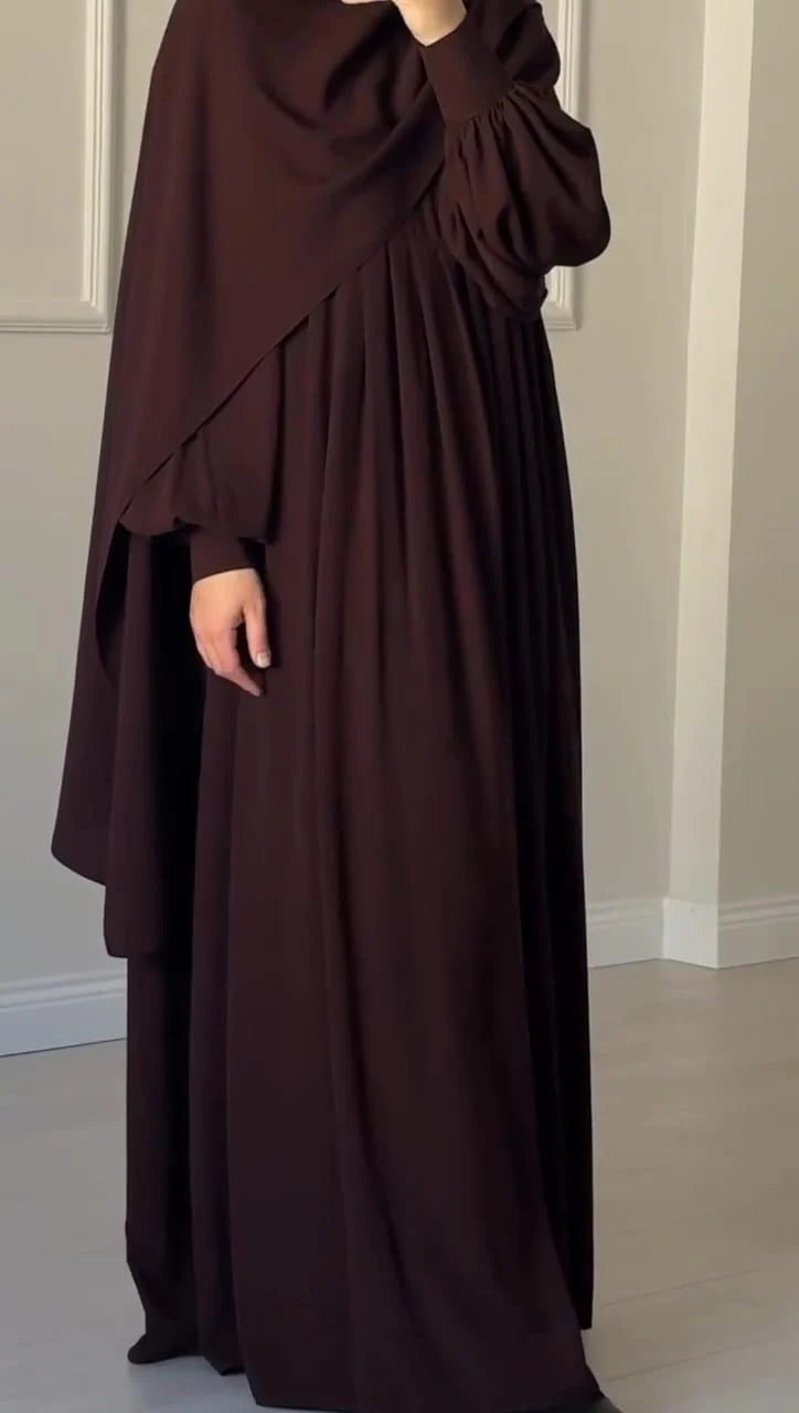 Elegant Chocolate Brown Abaya with Ruched Sleeves