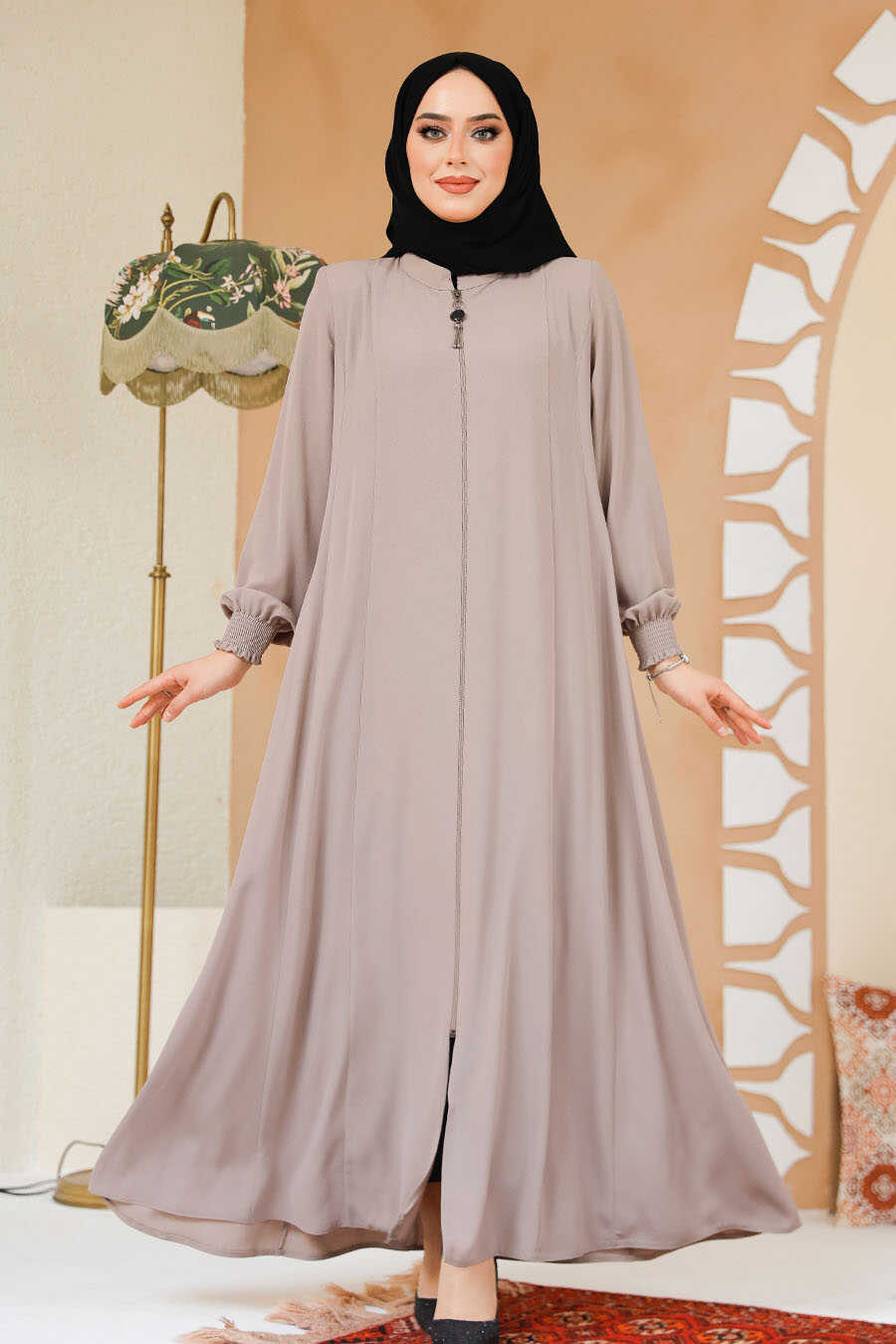 Beige Front-Zip Modest Abaya