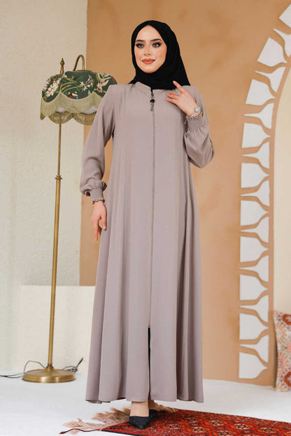 Beige Front-Zip Modest Abaya