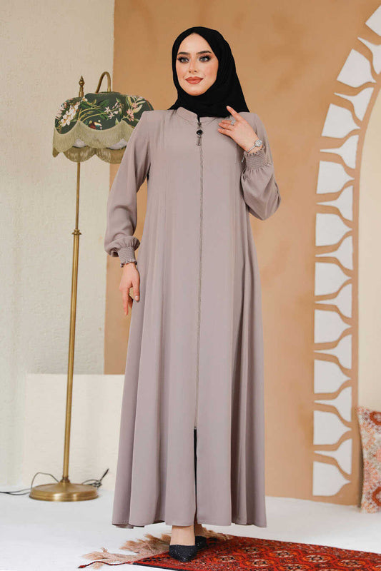 Beige Front-Zip Modest Abaya