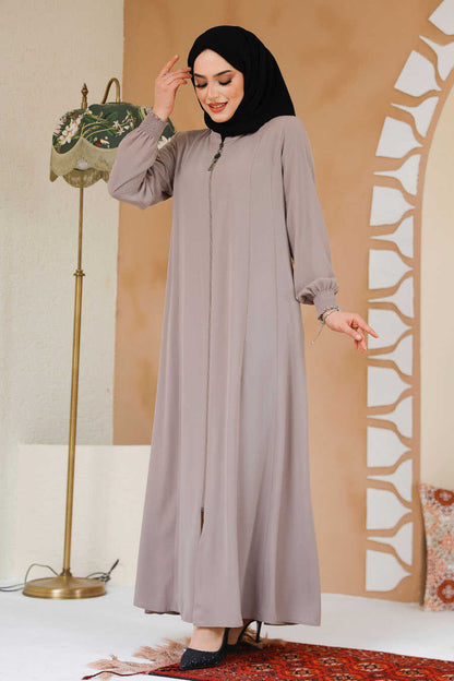 Beige Front-Zip Modest Abaya