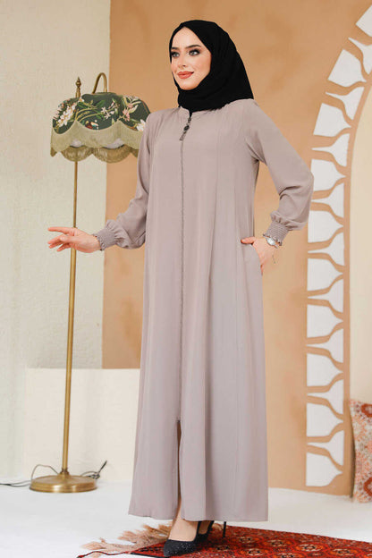 Beige Front-Zip Modest Abaya