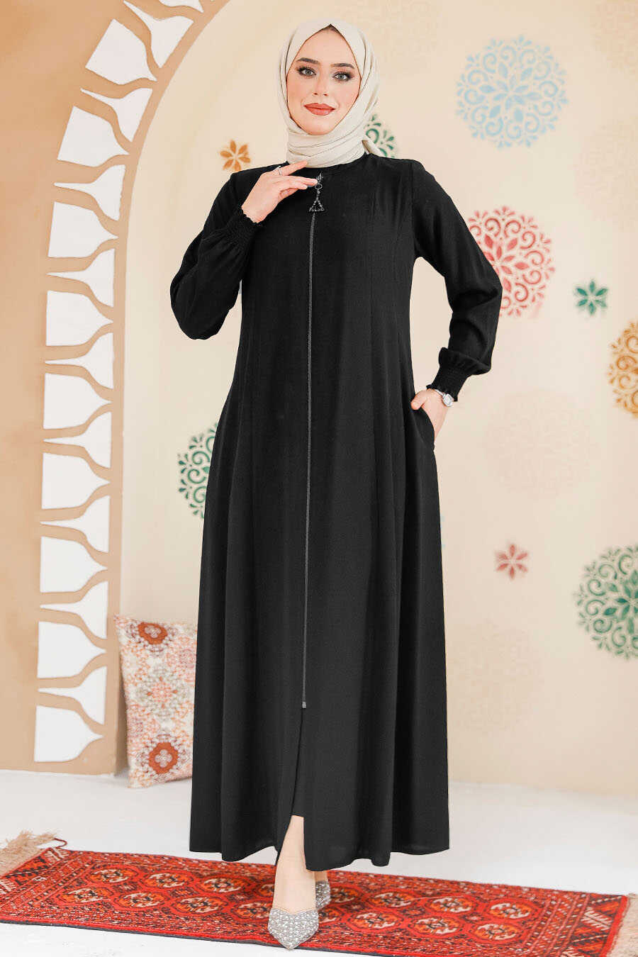 Black Front-Zip Modest Abaya with Pockets