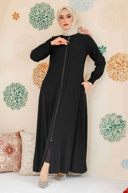 Black Front-Zip Modest Abaya with Pockets