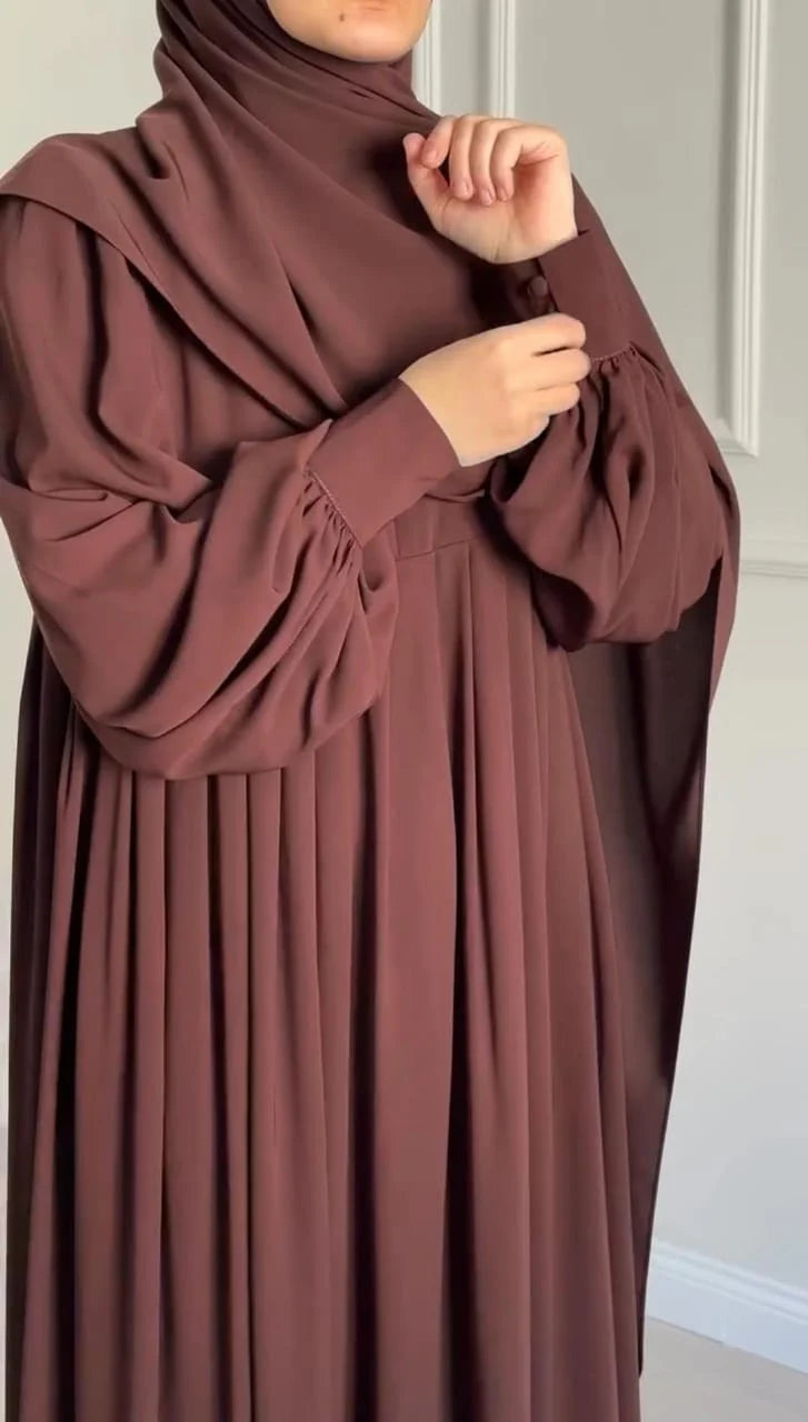 Elegant Chocolate Brown Abaya with Ruched Sleeves