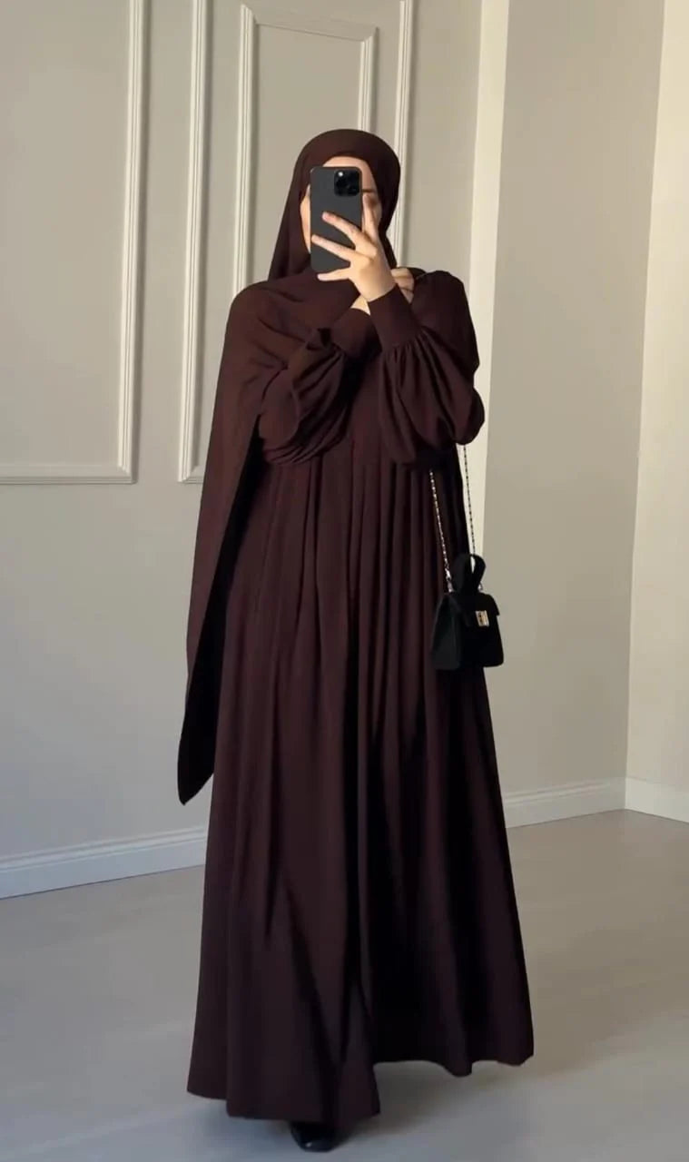Elegant Chocolate Brown Abaya with Ruched Sleeves