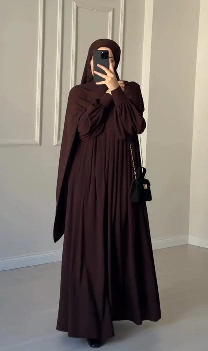 Elegant Chocolate Brown Abaya with Ruched Sleeves