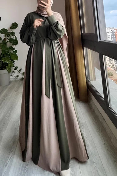 Two-Tone Khaki and Beige Dilim Garni Dress