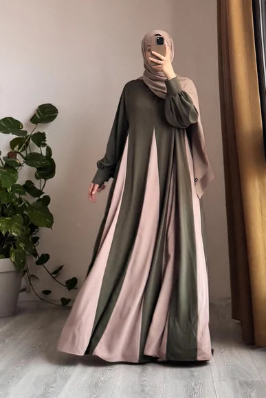 Two-Tone Khaki and Beige Dilim Garni Dress