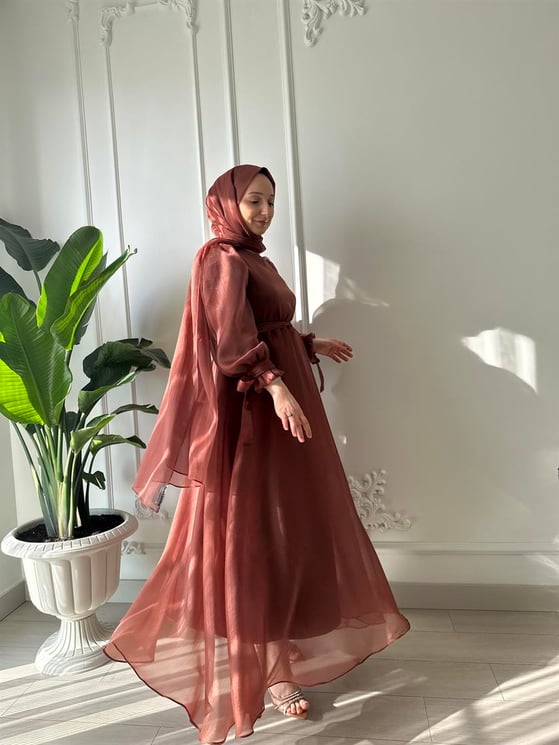 Elegant Dark Brown Sheer Modest Dress