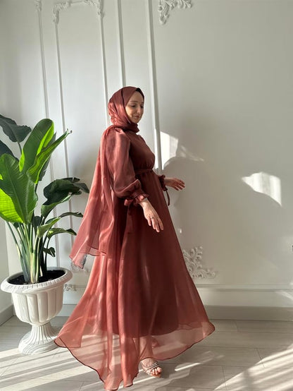 Elegant Dark Brown Sheer Modest Dress