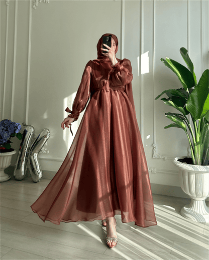 Elegant Dark Brown Sheer Modest Dress