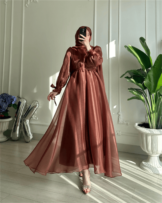 Elegant Dark Brown Sheer Modest Dress