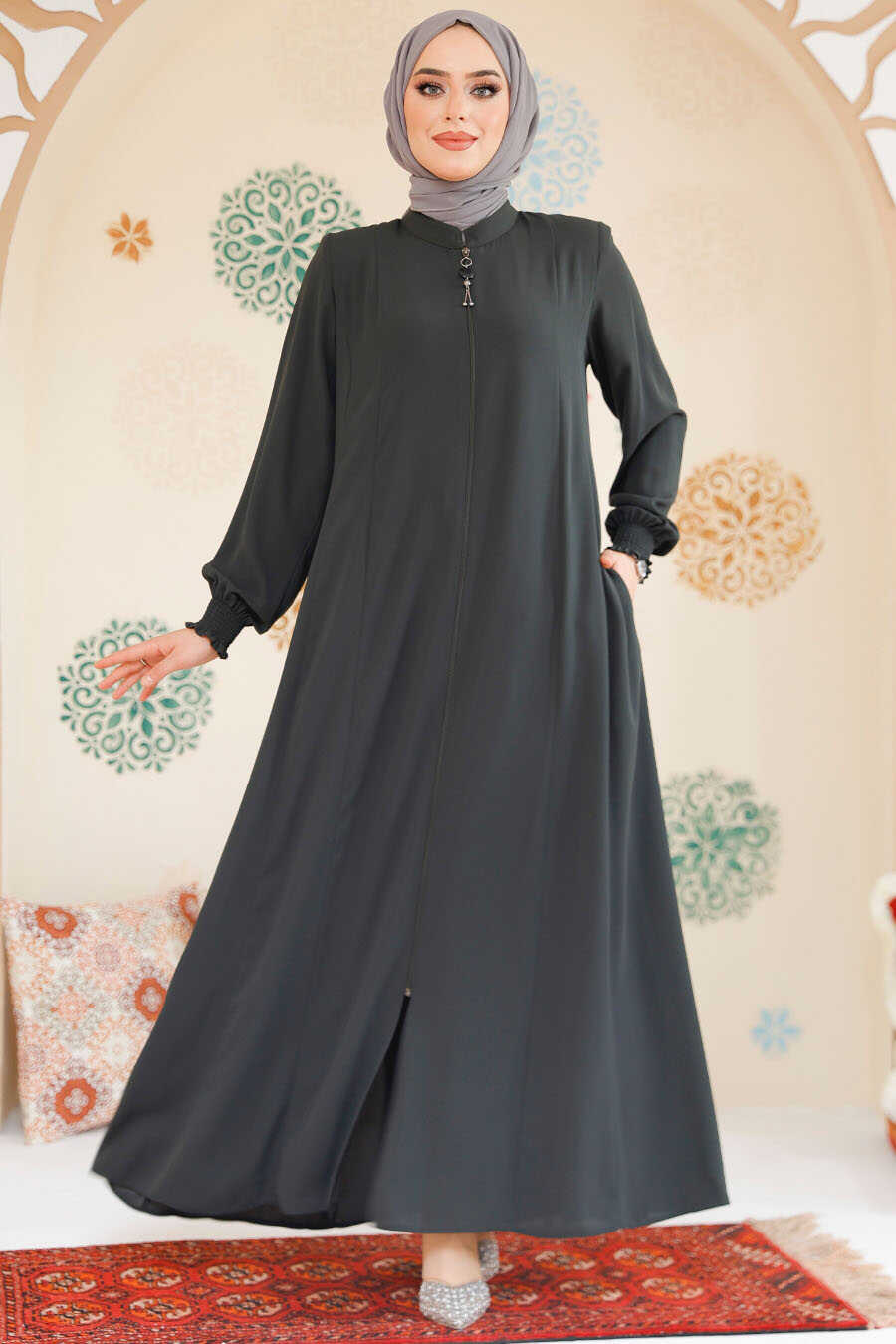 Khaki Front-Zip Modest Abaya