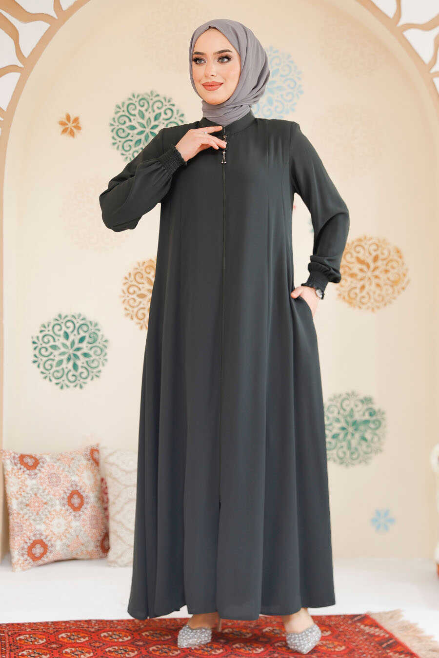 Khaki Front-Zip Modest Abaya