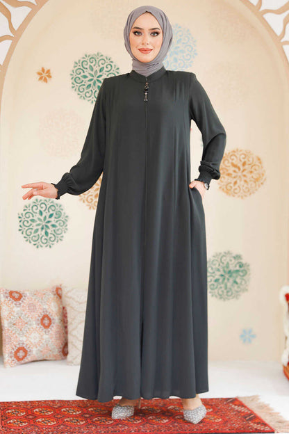 Khaki Front-Zip Modest Abaya