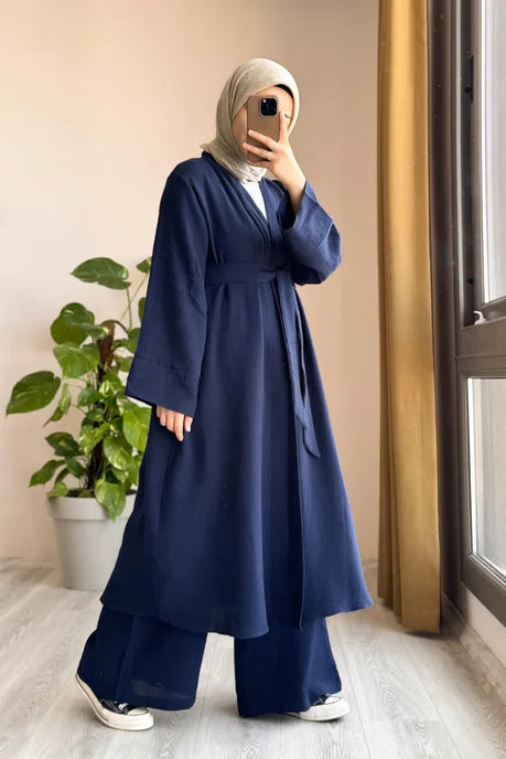 Navy Blue Modest Kimono Set with Belt