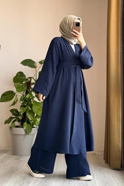 Navy Blue Modest Kimono Set with Belt
