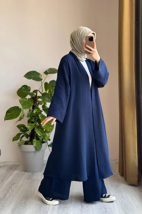 Navy Blue Modest Kimono Set with Belt
