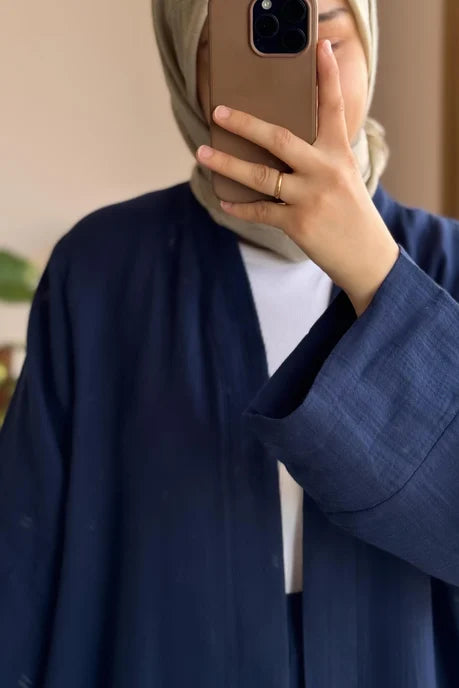 Navy Blue Modest Kimono Set with Belt