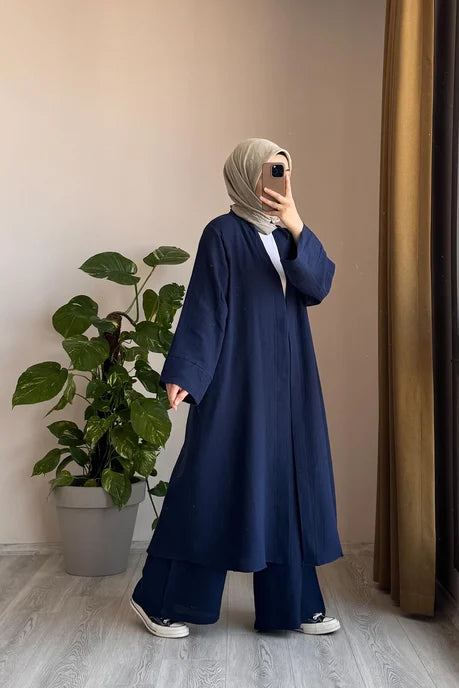Navy Blue Modest Kimono Set with Belt