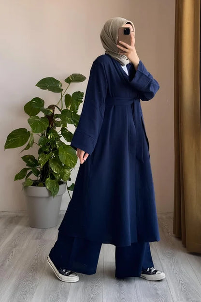 Navy Blue Modest Kimono Set with Belt