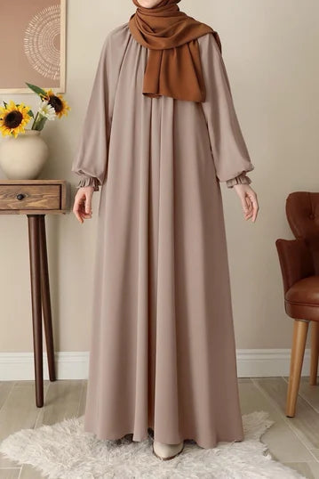 Elegant Beige Modest Elbise with Balloon Sleeves