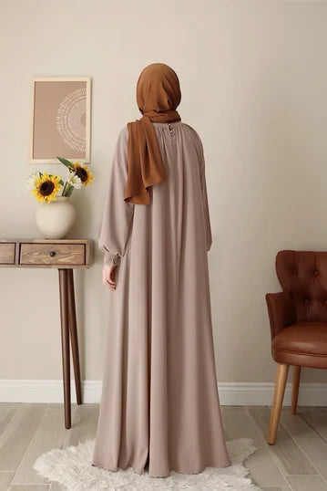 Elegant Beige Modest Elbise with Balloon Sleeves