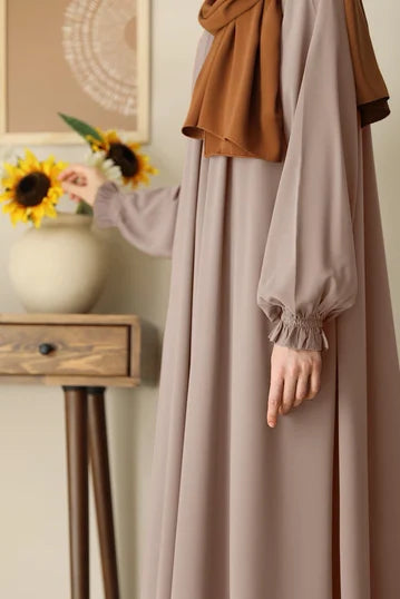Elegant Beige Modest Elbise with Balloon Sleeves