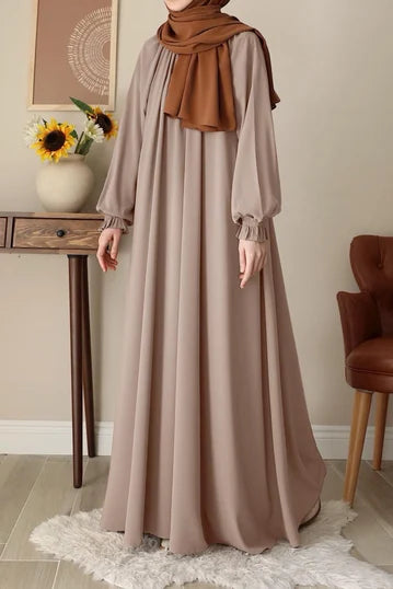 Elegant Beige Modest Elbise with Balloon Sleeves