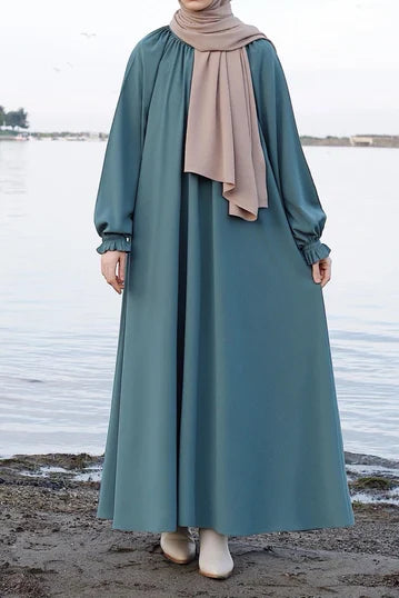 Modest Deep Teal Dress with Frilled Cuffs