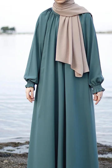 Modest Deep Teal Dress with Frilled Cuffs