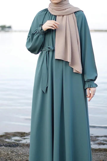 Modest Deep Teal Dress with Frilled Cuffs