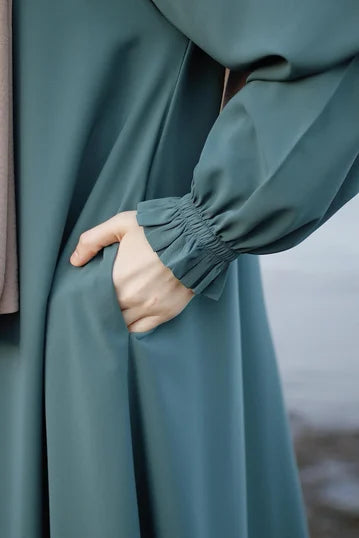 Modest Deep Teal Dress with Frilled Cuffs