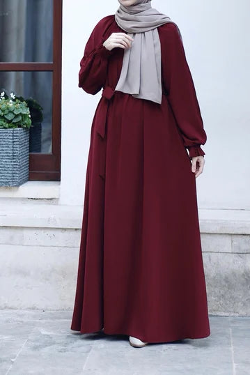 Burgundy Modest Dress with Ruched Cuffs