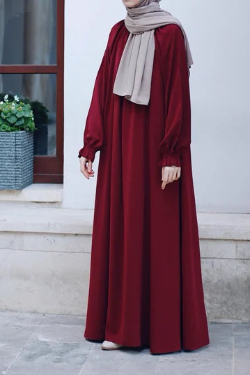 Burgundy Modest Dress with Ruched Cuffs