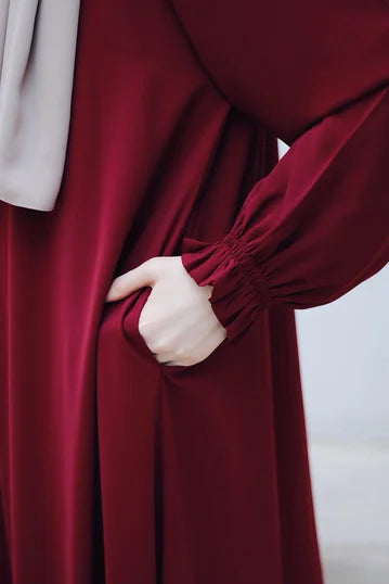 Burgundy Modest Dress with Ruched Cuffs