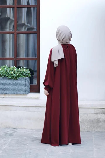 Burgundy Modest Dress with Ruched Cuffs