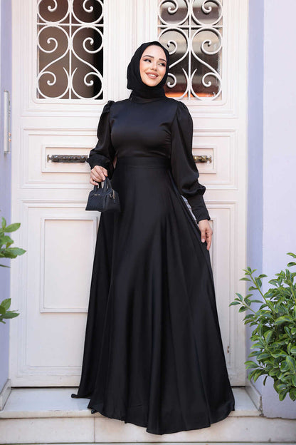 Chic Black Satin Modest Bridesmaid Dress