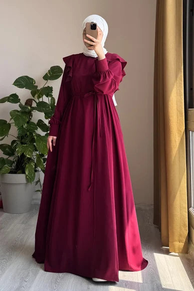 Burgundy Ruffle Detail Midi Dress