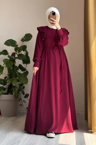 Burgundy Ruffle Detail Midi Dress