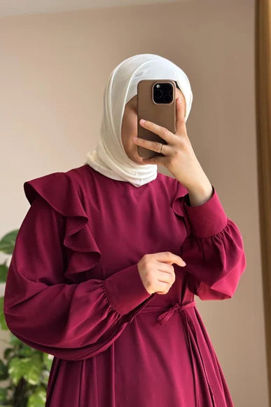 Burgundy Ruffle Detail Midi Dress