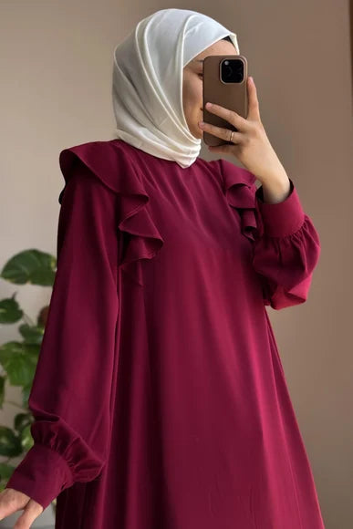 Burgundy Ruffle Detail Midi Dress