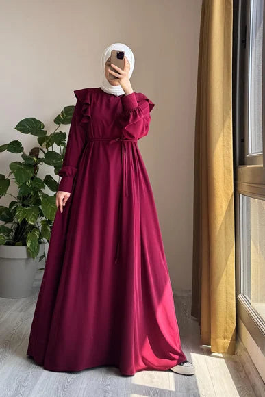 Burgundy Ruffle Detail Midi Dress