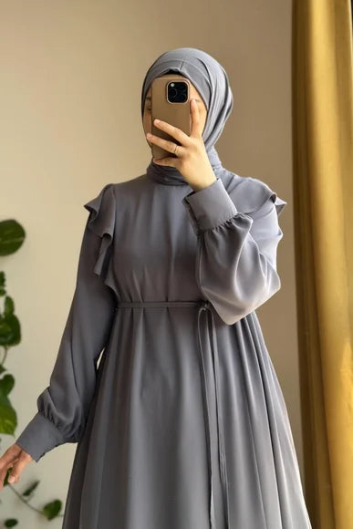 Grey Ruffled Sleeve Dress